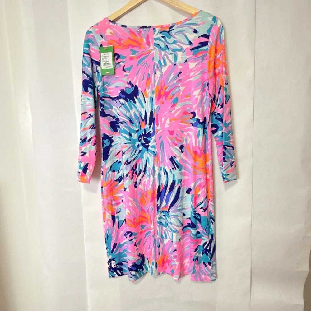 Lilly Pulitzer Marlow  Dress Pima Cotton Floral Print 3/4 Sleeve Pink Blue M - Picture 4 of 11